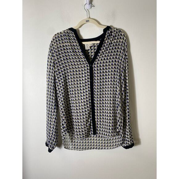 Max Studio Cream Black Button Up Sheer Blouse Sz M - Picture 1 of 3